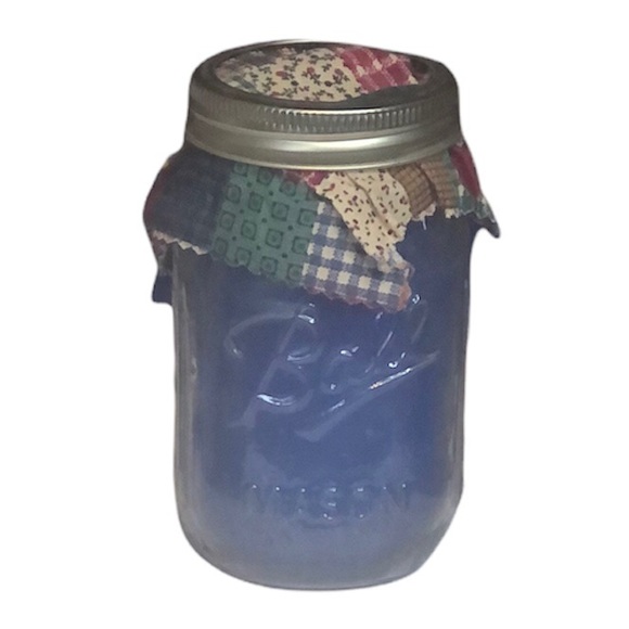 Handmade Blue Ball Mason Jar country primitive accent Interchangeable top fabric